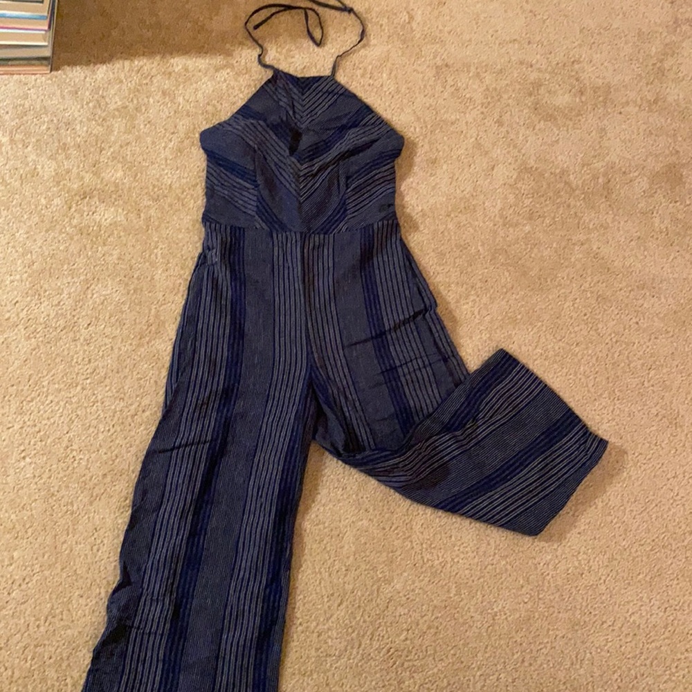 blue and white striped cropped leg romper